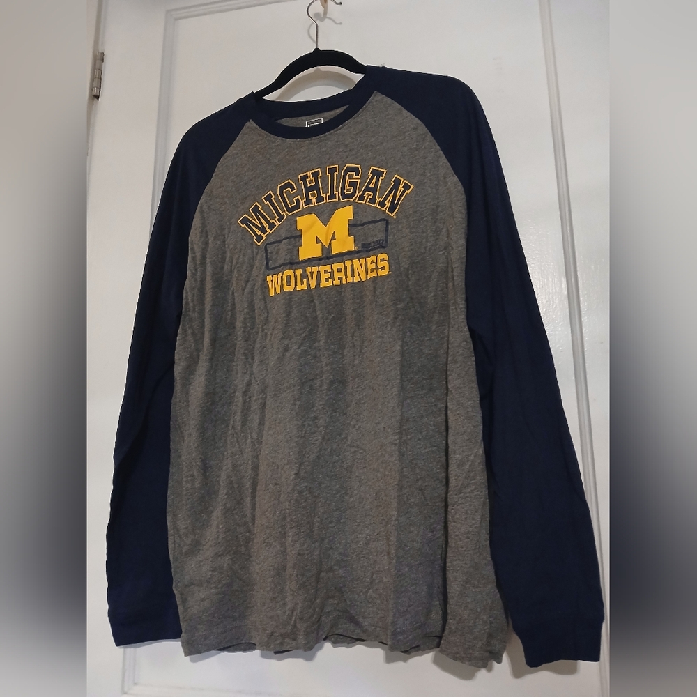 Michigan Wolverines, U of M, baseball style, T-shirt, grey, blue, XL